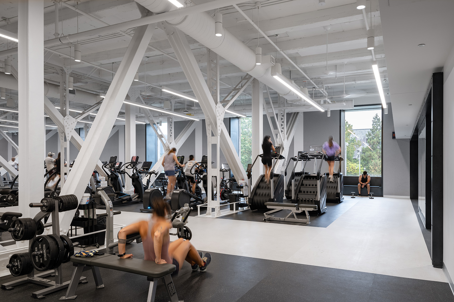 Open fitness space with recessed linear lighting aligned to the structural grid.